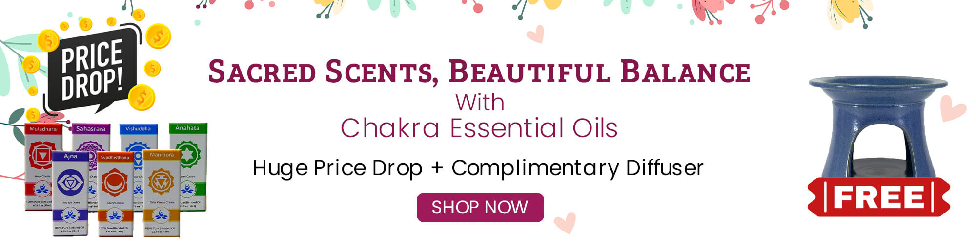 Chakra Essential Oil Deals - Price Drop + Free Ceramic Diffuser on Purchase of Chakra Essential Oil 